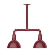 Barn red two-light pendant with two deep bell shades and stem mount