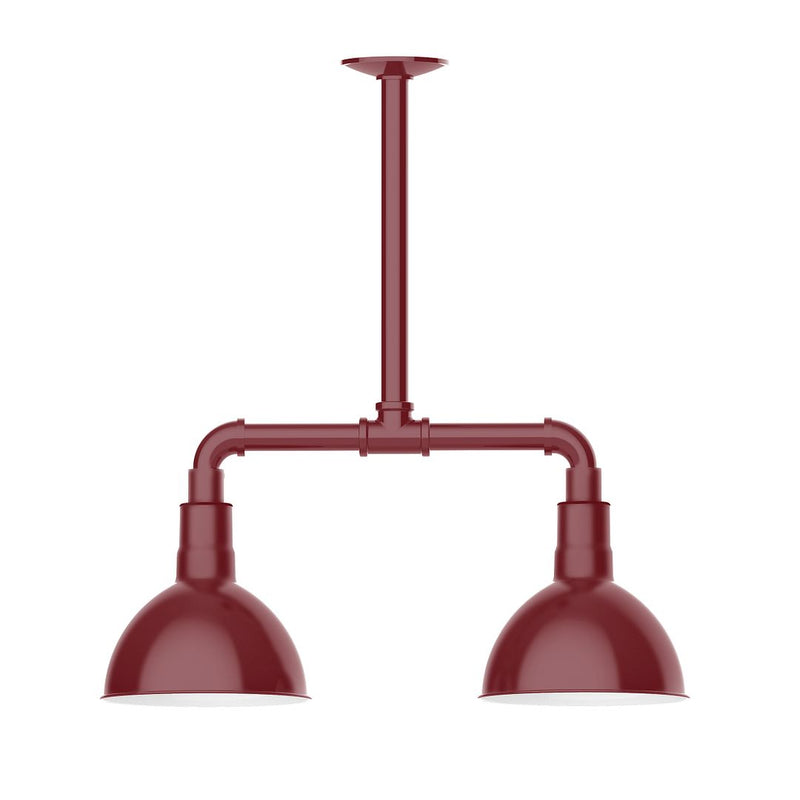 Barn red two-light pendant with two deep bell shades and stem mount