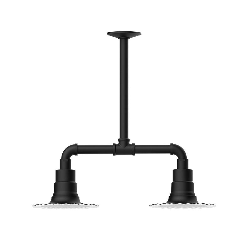 Black two-light stem pendant with curved arms and two dome shades