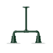 Forest green stem-hung 2-light pendant with radial arms and bell shades