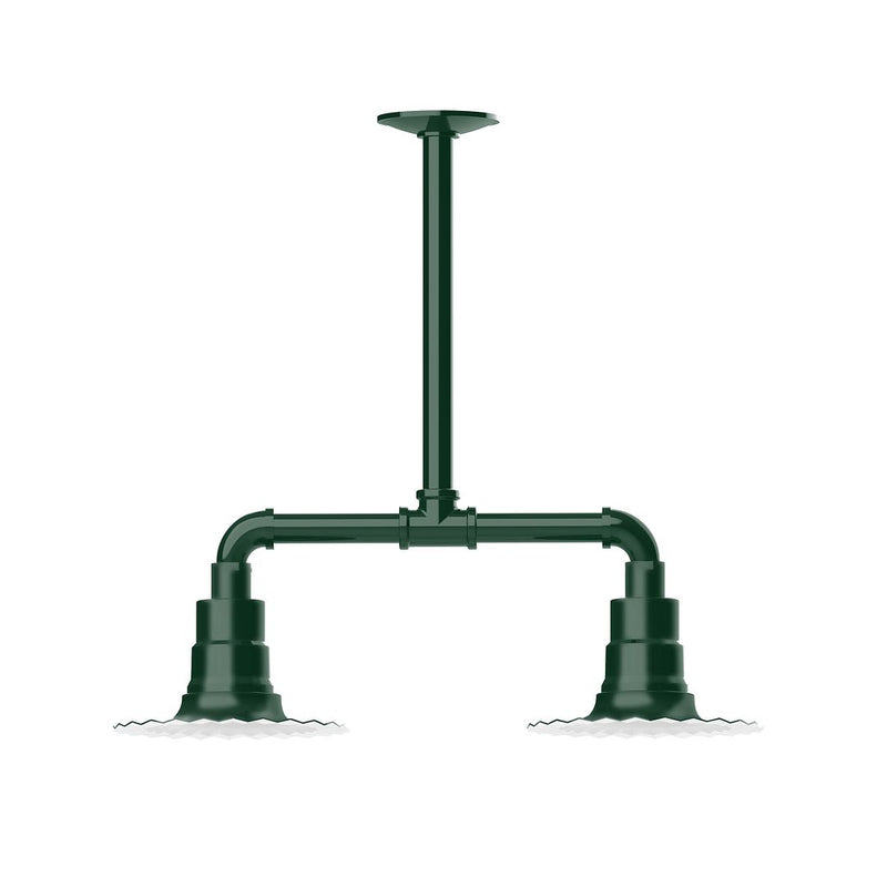 Forest green 2-light stem pendant with curved arms and two downlight shades