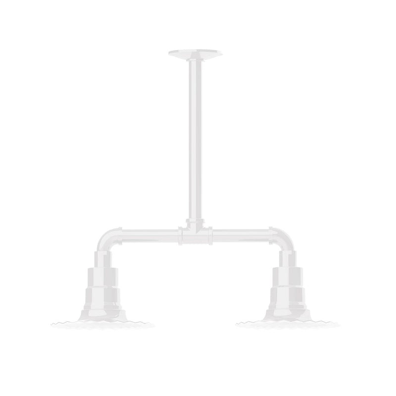 White 2-light stem-hung pendant light with two bell-shaped shades