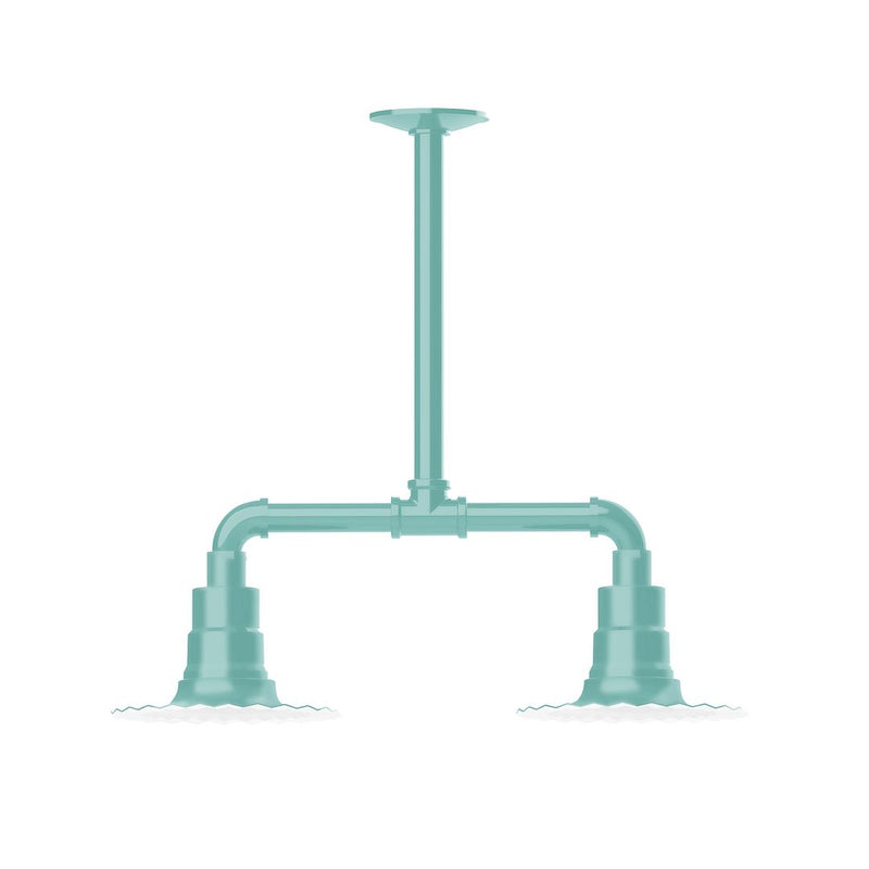 Sea green stem-hung pendant light with two downlights and arched base beams