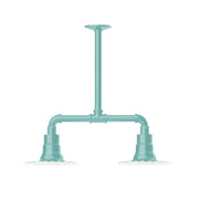 Sea green stem-hung pendant light with two bell-style base mounts