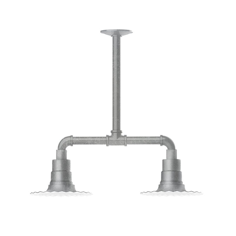 Painted galvanized two-light stem pendant with dual downward bell shades and canopy