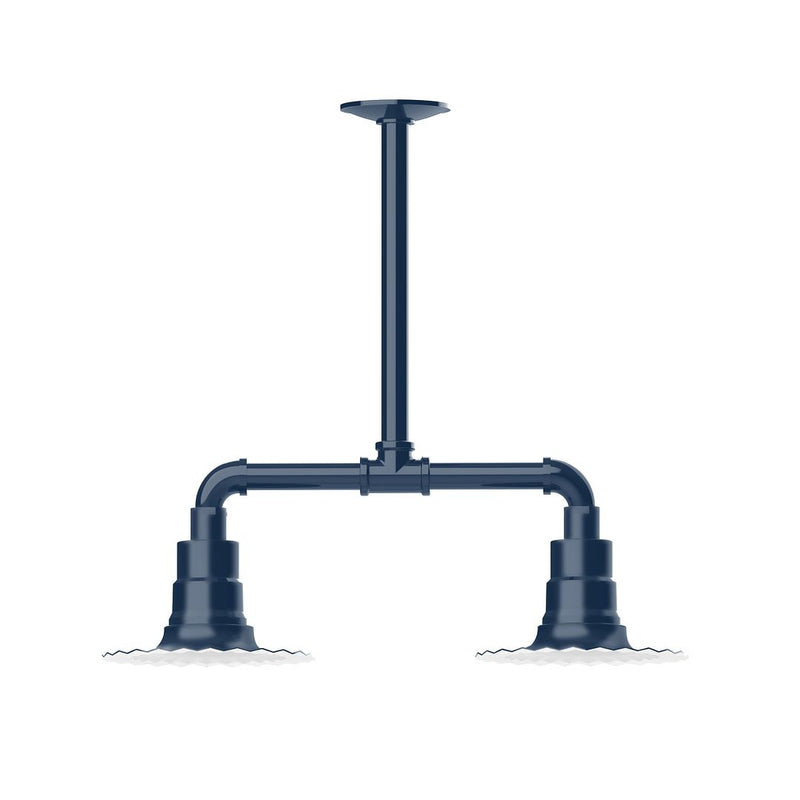 Navy two-light stem-hung pendant light with radial-style horizontal arms and two shades