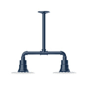 Navy 2-light stem-hung pendant light with two flared bases and radial arms