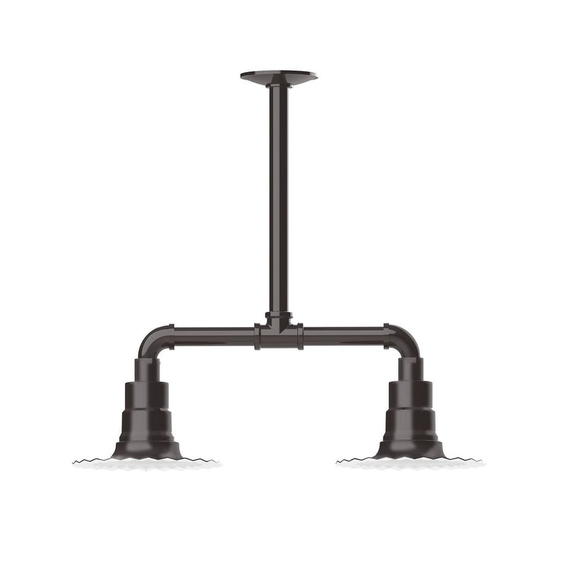 Architectural bronze two-light stem pendant with dual domed sockets and bar arms