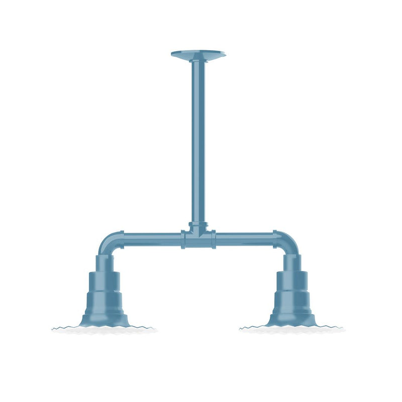 Light blue 2-light stem-hung pendant with radial bar and two bell shades