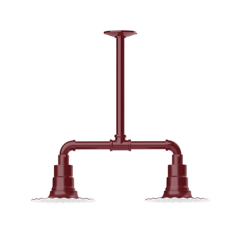 Barn red 2-light stem-hung pendant light with curved arms and dual lamp bases