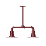Barn red 2-light stem-hung pendant with two downward bell shades and crossbar