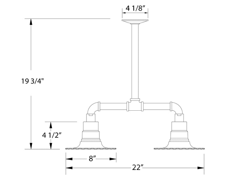Stem hung pendant light dimensions: 8 in wide, 19 3/4 in high