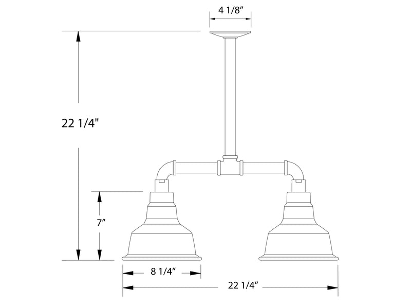 Two-light pendant light dimensions: 22 1/4 in height, 8 1/4 in shade width.