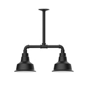 Black 2-light stem-hung LED pendant light with two metal shades on a bar.