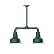 Forest green 2-light stem pendant with two bell shades and horizontal bar
