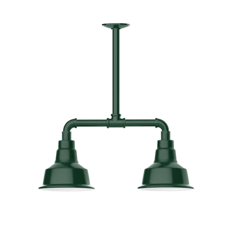 Forest green 2-light stem hung pendant light with two bell shades