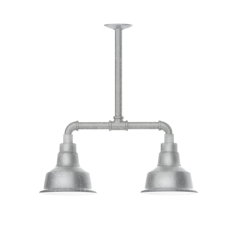 Two-light stem-hung pendant light with painted galvanized finish and two bell shades.
