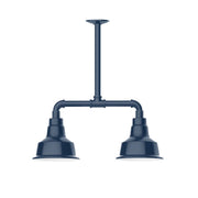Navy two-light stem-hung pendant with two bell shades and horizontal bar