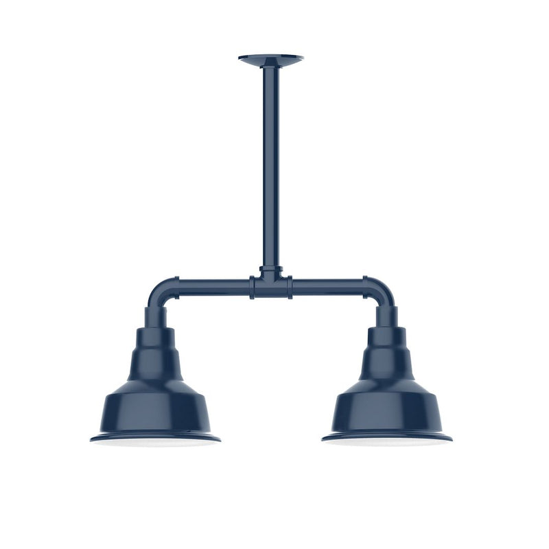 Navy two-light stem-hung pendant light with dual bell shades