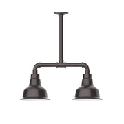 Two-light stem-hung pendant with dark bronze arms and two cone lamp shades
