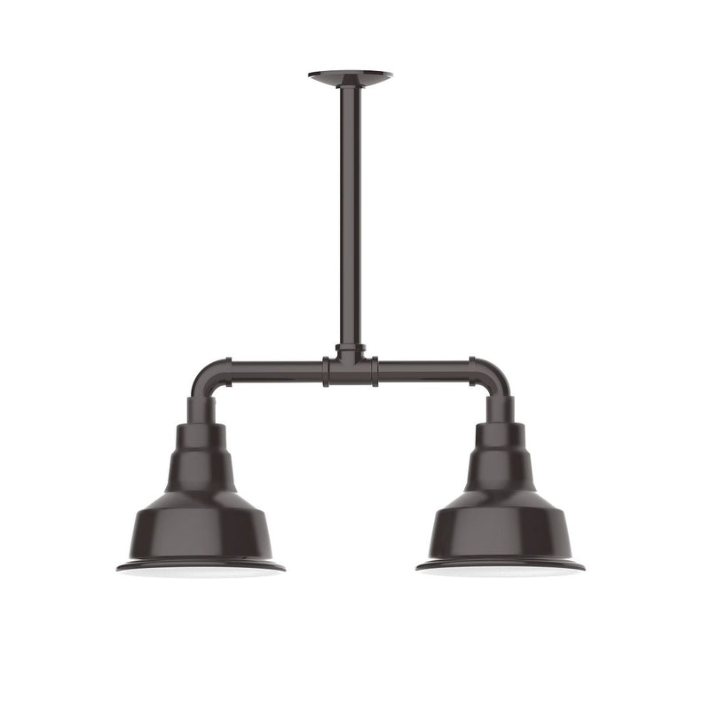 Two-light stem-hung pendant light with dark bronze metal shades and curved bar