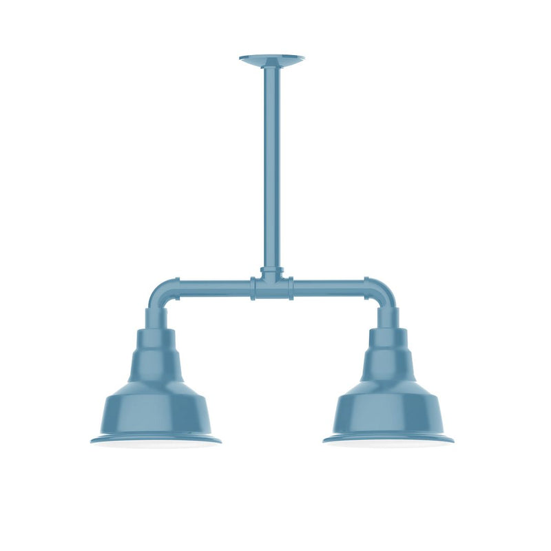 Light blue two-light stem hung pendant with twin bell shades and central stem