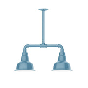Light blue two-light stem pendant with two flared bell shades and central bar
