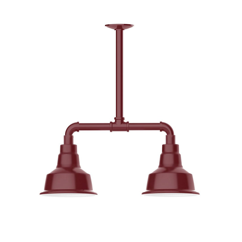 Barn red 2-light stem-hung pendant light with two dome shades and hanging stem