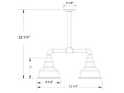 Two-bulb stem-hung pendant light with dark bronze shade shapes and dimensions
