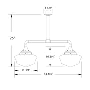Two-light stem-hung pendant light dimension diagram, architectural bronze with glass shades