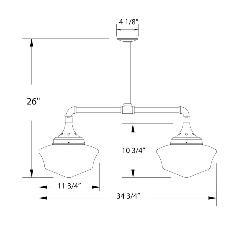 Two-light stem-hung pendant light dimension diagram, architectural bronze with glass shades