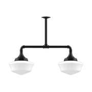 Black 2-light stem-hung pendant with two white bell glass shades and top canopy
