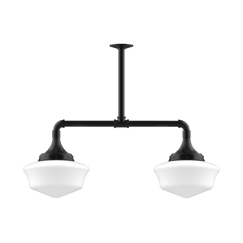 Black 2-light stem-hung pendant with two white bell glass shades and top canopy