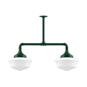 Forest green 2-light stem pendant with two white glass shades
