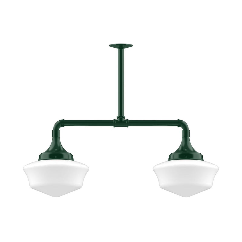 Forest green 2-light stem pendant with two white glass shades