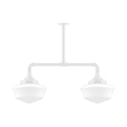 White 2-light stem hung pendant light with two bell-shaped glass shades