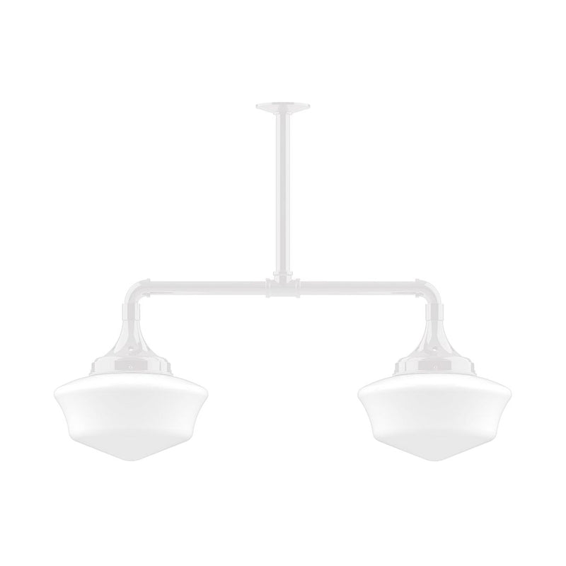 White two-light stem hung pendant with two bell shades and crossbar