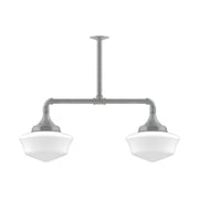 Two-light stem pendant with gray metal frame and two white bell shades