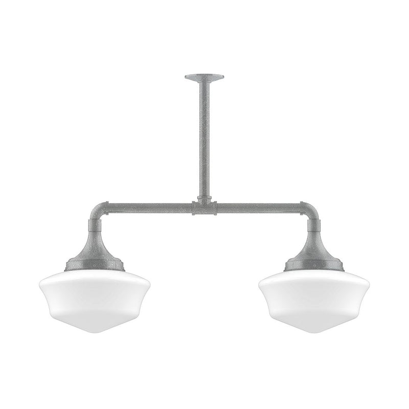 Two-light stem pendant with gray metal frame and two white bell shades
