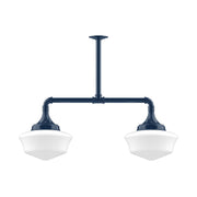 Navy 2-light stem hung pendant light with two white glass shades