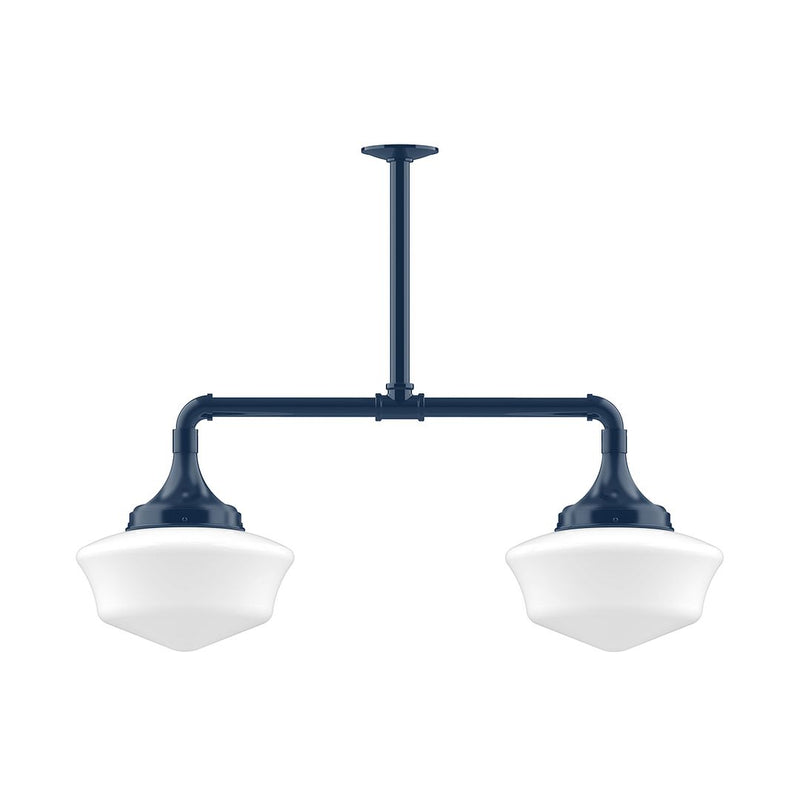 Navy 2-light stem hung pendant light with two white glass shades