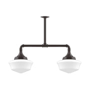 Two-light stem-hung pendant light with architectural bronze bar and white glass shades
