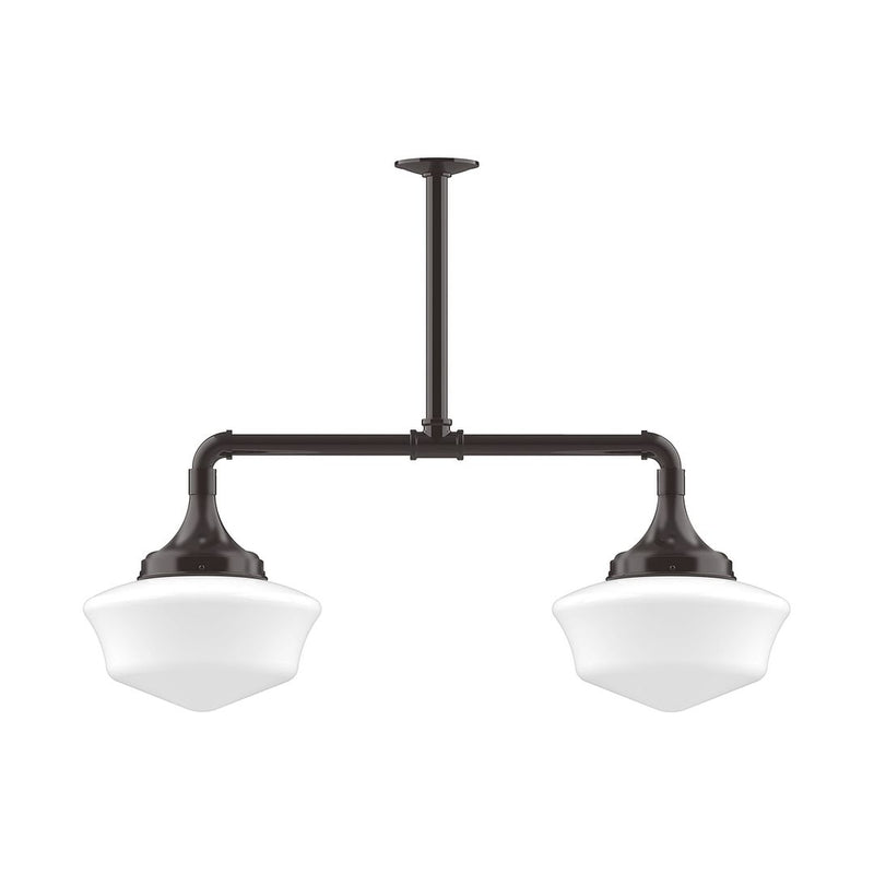 Two-light stem-hung pendant light with architectural bronze bar and white glass shades