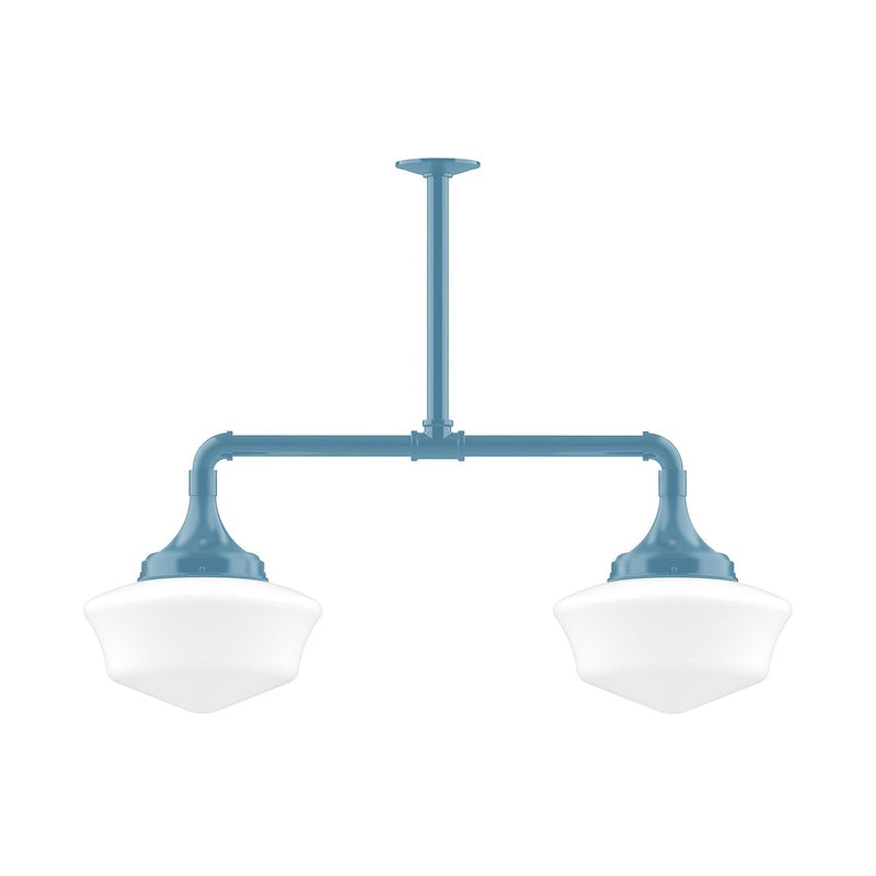 Light blue 2-light stem-hung pendant with two white bell shades