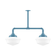 Light blue 2-light stem hung pendant light with two white glass shades