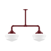 Two-light stem-hung pendant light with barn red frame and two white glass shades