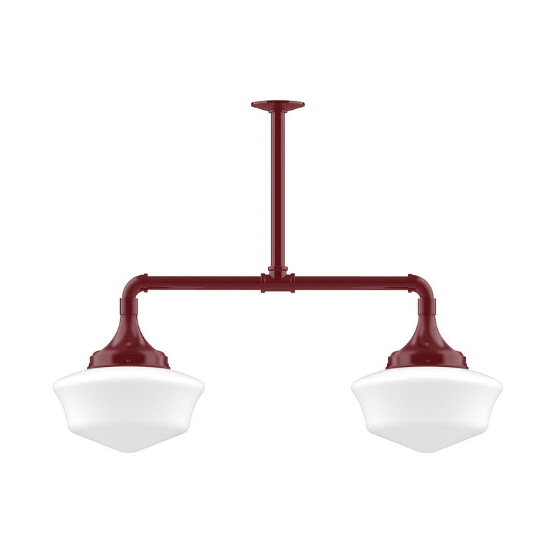 Barn red 2-light stem-hung pendant with two white bell glass shades