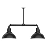 Black 2-light stem-hung pendant light with two dome shades on a bar