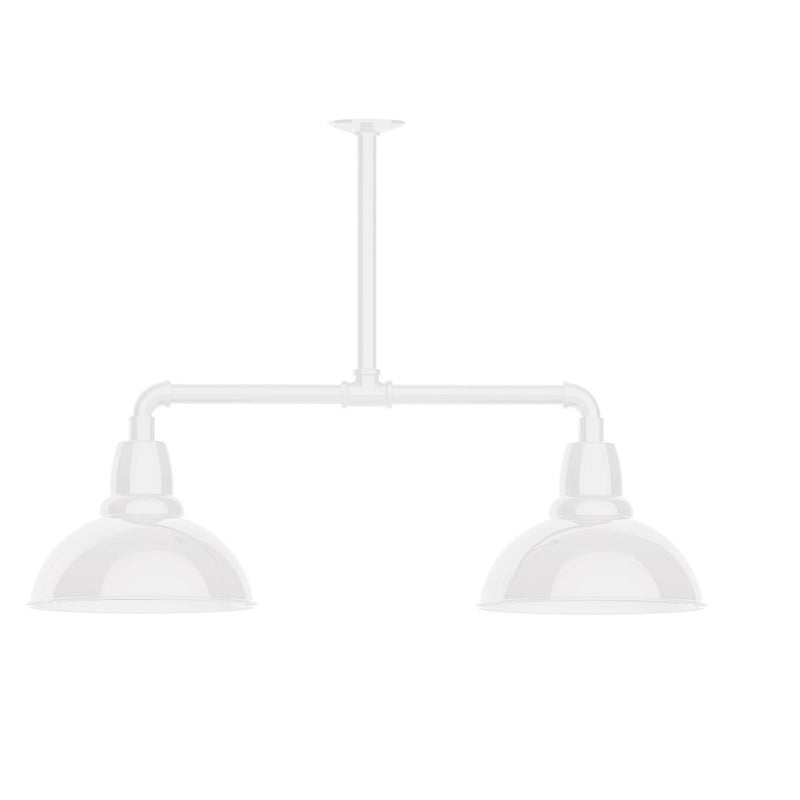 White 2-light stem pendant with two bell-shaped shades on a horizontal bar.