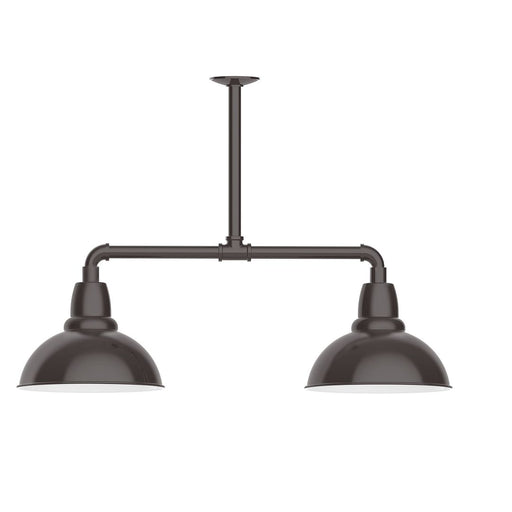 Two-light stem-hung pendant light with two dark bronze dome shades and metal frame